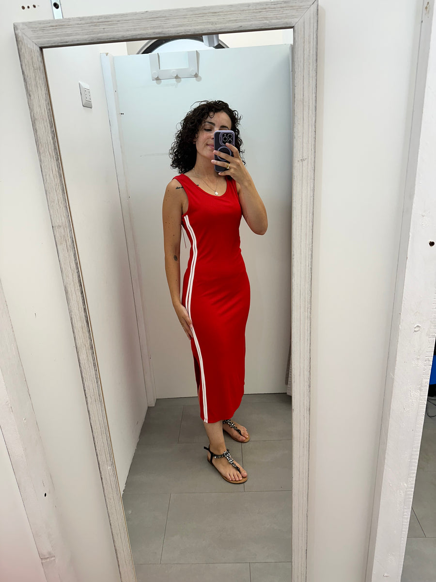Abito rosso con righe bianche laterali