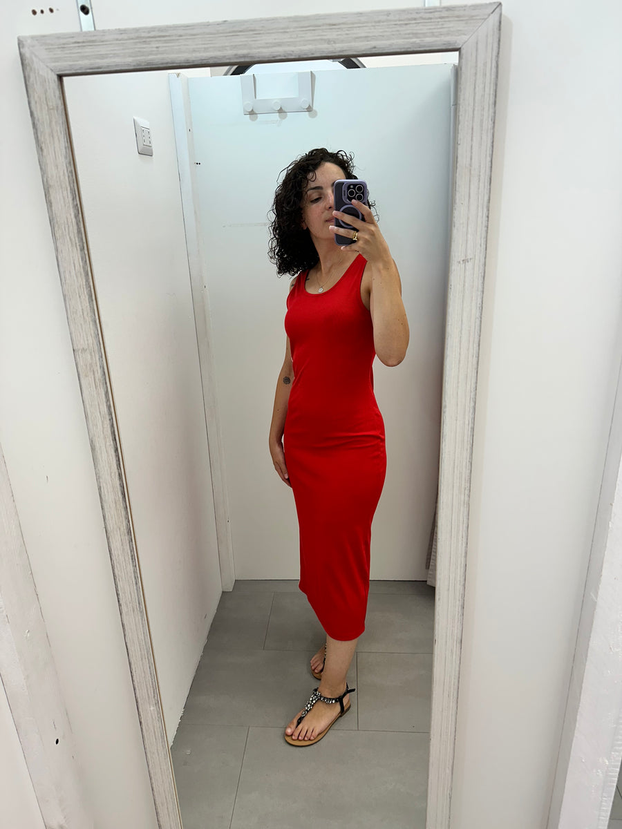 Abito rosso con righe bianche laterali